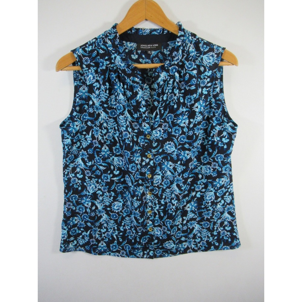 Jones New York Satin Floral Blouse Petite 12P Blue Sleeveless Ruffle Lightweight